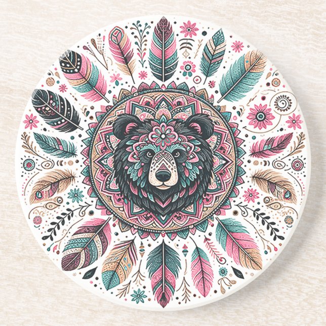 Bear Spirit Feather Sandstone Coaster (Front)