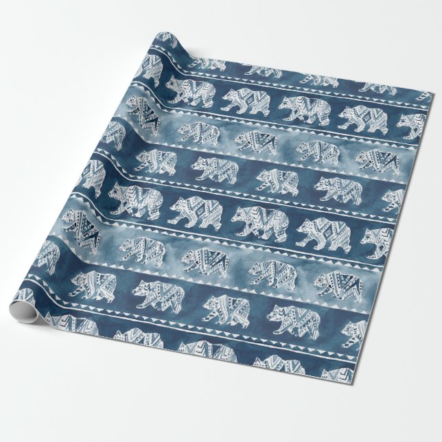 BEAR SPIRIT Navy Boho Tribal Pattern Wrapping Paper (Unrolled)