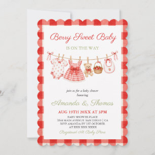 Bear Strawberry Plaid Girl Baby Shower Invitation