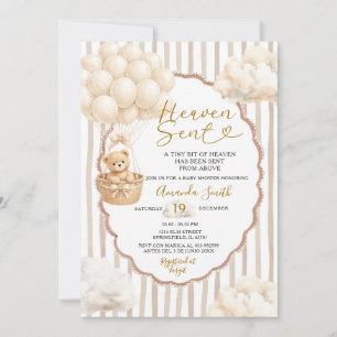 Bear Stripe Beige Balloon Heaven Sent Baby Shower  Invitation
