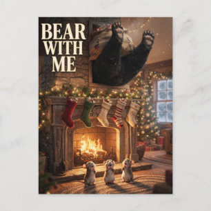 Bear Stuck in Fireplace with Mice Funny Christmas Postcard