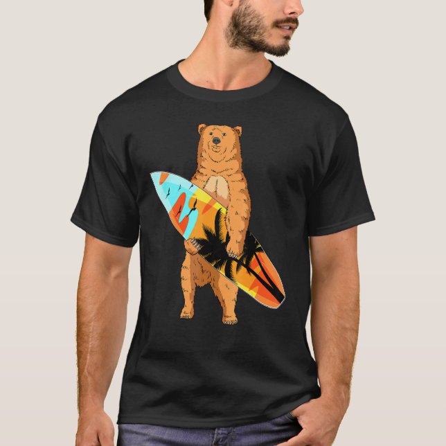 Bear Surfer Surfboard Beach Summer Waves Surf Surf T-Shirt (Front)