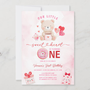 Bear Sweetheart Valentine 1st Birthday Balloon  Invitation