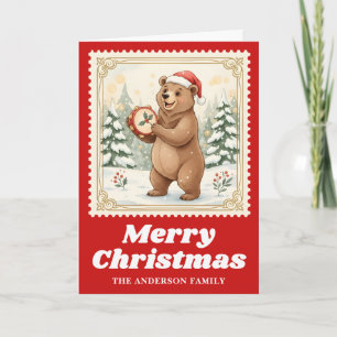 Bear Tambourine Retro Postage Stamp Christmas Holiday Card