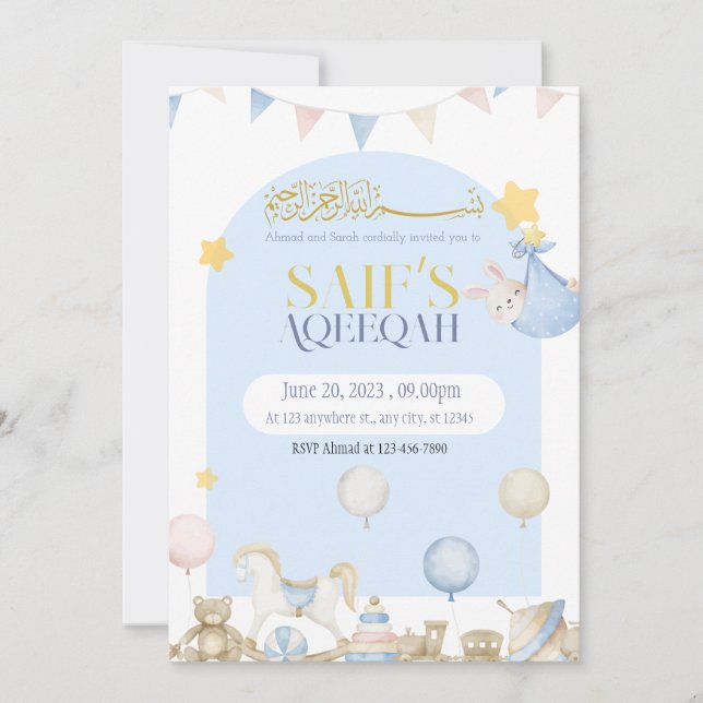 Bear Teddy Baby Blue Boy Aqeeqah Aqeeqa Invitation (Front)
