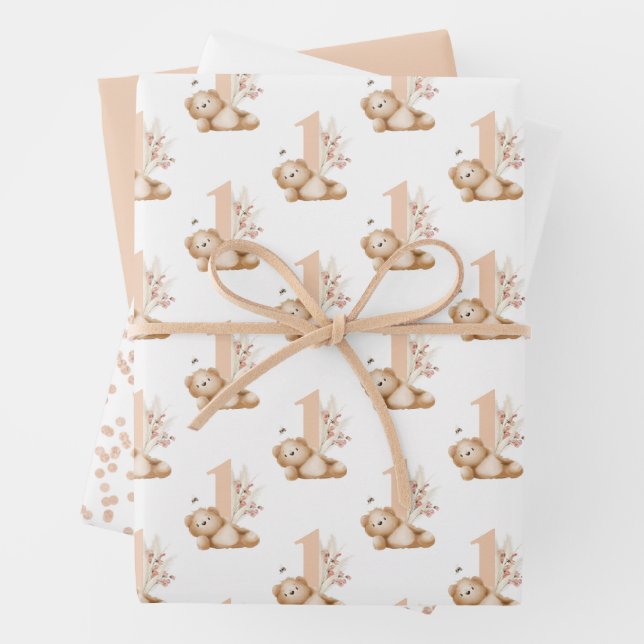 Bear & The Bee First Birthday Wrapping Paper Sheet (In situ)