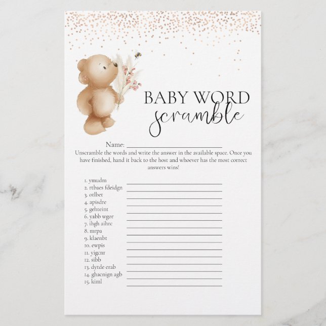 Bear & The Bee 'Word Scramble' Baby Shower Game (Front)