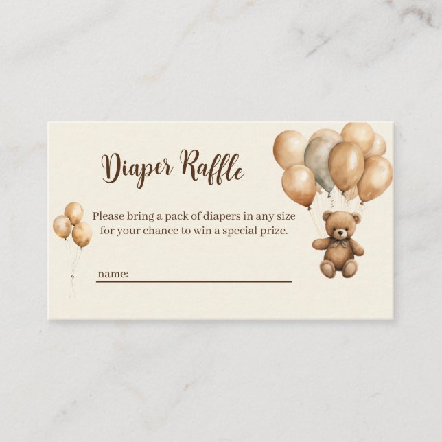 Bear Theme Diaper Raffle Baby Shower Enclosure Card (Front)