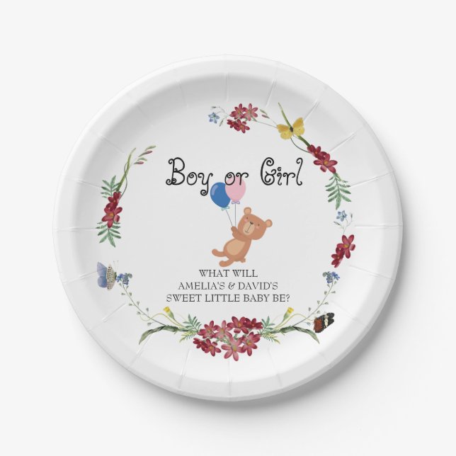 Bear Theme Gender Reveal Party Paper Plate (Front)