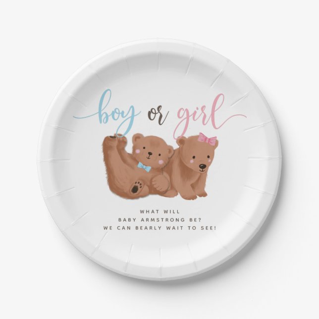 Bear Theme Gender Reveal Party Paper Plate (Front)
