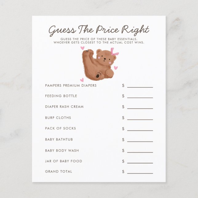 Bear Theme Girl Baby Shower Guess The Price Right (Front)