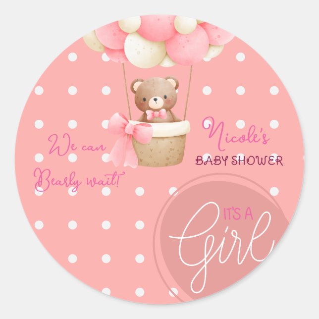 Bear Theme Pink Peach Hot Air Balloon Baby Shower Classic Round Sticker (Front)