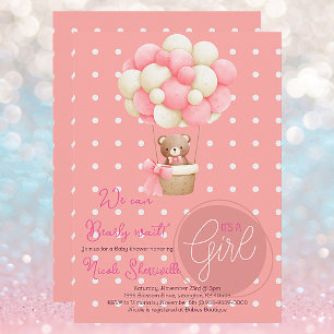 Bear Theme Pink Peach Hot Air Balloon Baby Shower Invitation