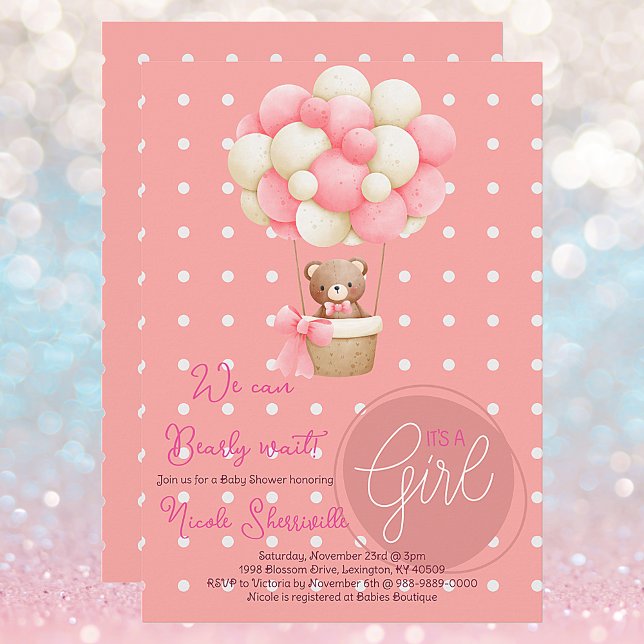 Bear Theme Pink Peach Hot Air Balloon Baby Shower Invitation (Whimsical Hot Air Balloon Polka Dot Teddy Bear We Can Bearly Wait Baby Shower It's A Girl Invite)