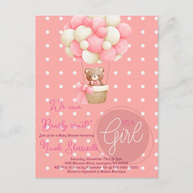 Bear Theme Pink Peach Hot Air Balloon Baby Shower Postcard (Front)