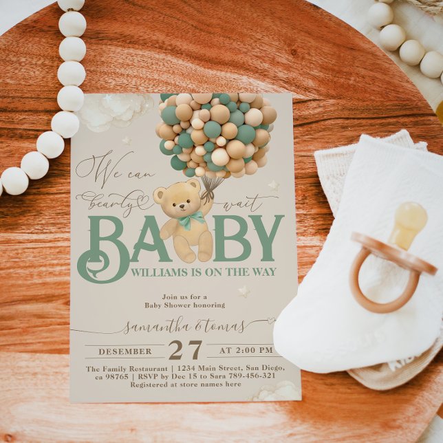 Bear Themed Green Balloon Baby Shower  Invitation (Creator Uploaded)