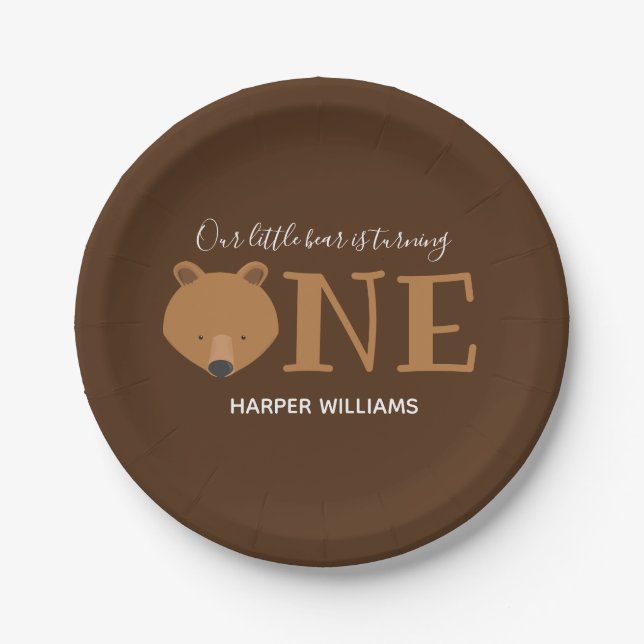 Bear Turning One Animal First Birthday Paper Plate (Front)