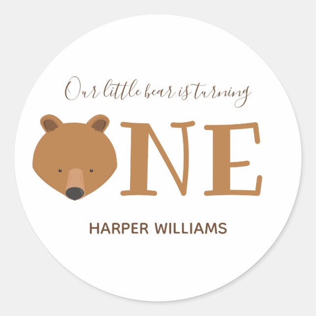 Bear Turning One Cute Animal First Birthday Classic Round Sticker (Front)
