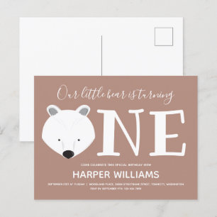 Bear Turning One Cute Animal First Birthday Invitation Postcard
