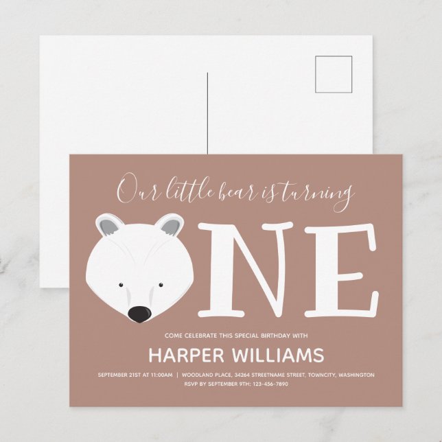 Bear Turning One Cute Animal First Birthday Invitation Postcard (Front/Back)