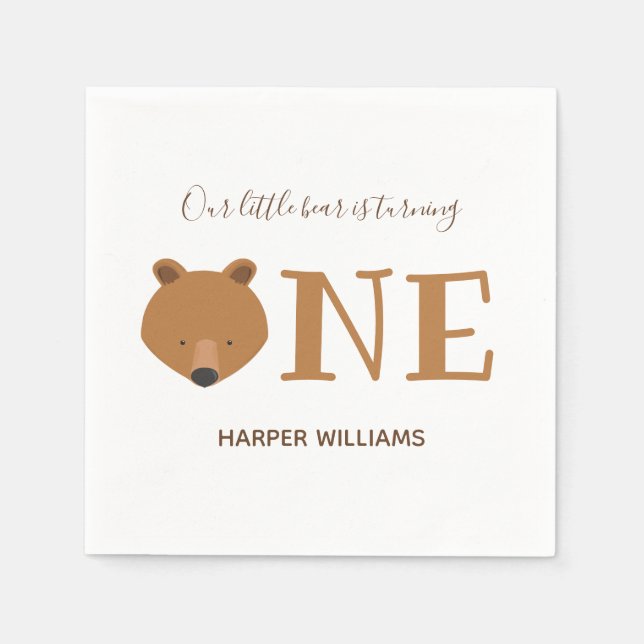 Bear Turning One Cute Animal First Birthday Napkin (Front)