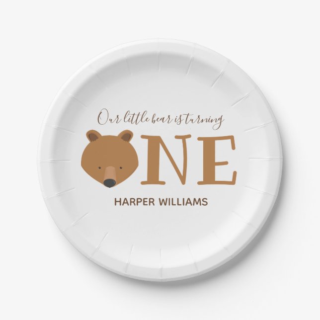 Bear Turning One Cute Animal First Birthday Paper Plate (Front)