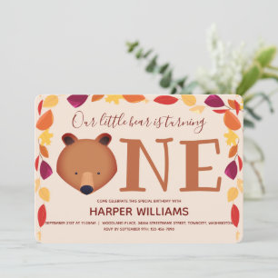 Bear Turning One Fall Animal First Birthday Invitation