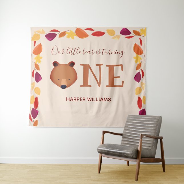 Bear Turning One Fall Animal First Birthday Tapestry (In Situ (Horizontal))