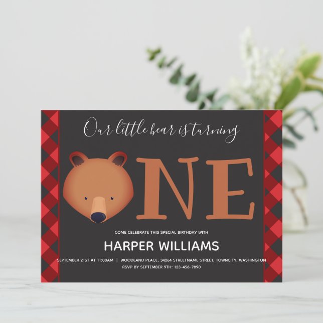 Bear Turning One Red Buffalo Plaid First Birthday Invitation (Standing Front)