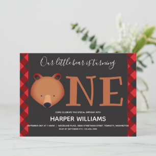 Bear Turning One Red Buffalo Plaid First Birthday Invitation