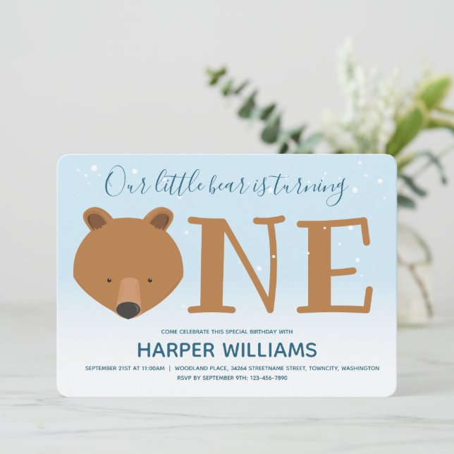 Bear Turning One Winter Animal 1st Birthday Invitation (Standing Front)