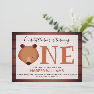 Bear Turning One Wood Animal First Birthday Invitation