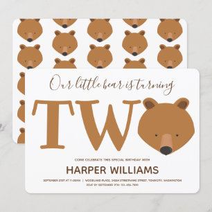 Bear Turning Two Animal Second Birthday Invitation