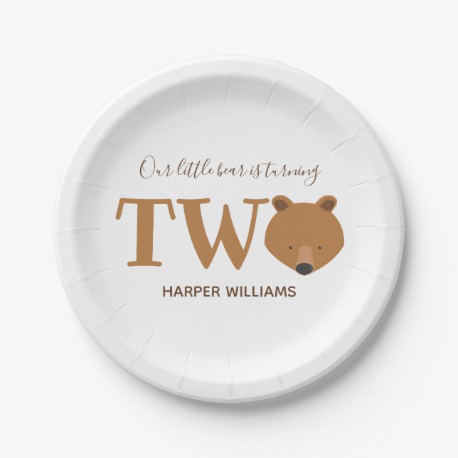 Bear Turning Two Cute Animal Toddler 2nd Birthday Paper Plate (Front)