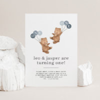 Bear Twin Boys Joint 1st Birthday Invitation