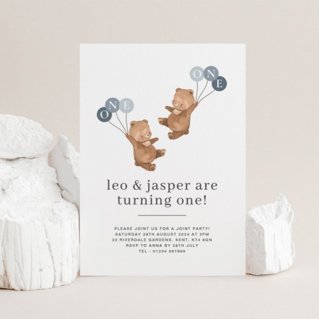 Bear Twin Boys Joint 1st Birthday Invitation (Creator Uploaded)