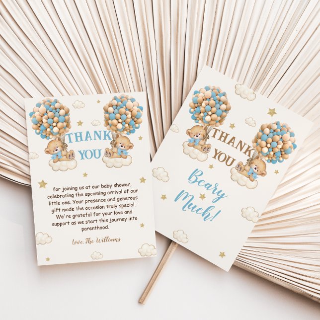 Bear Twin Boys Shower Pastel Blue Beige Thank You Card (Creator Uploaded)