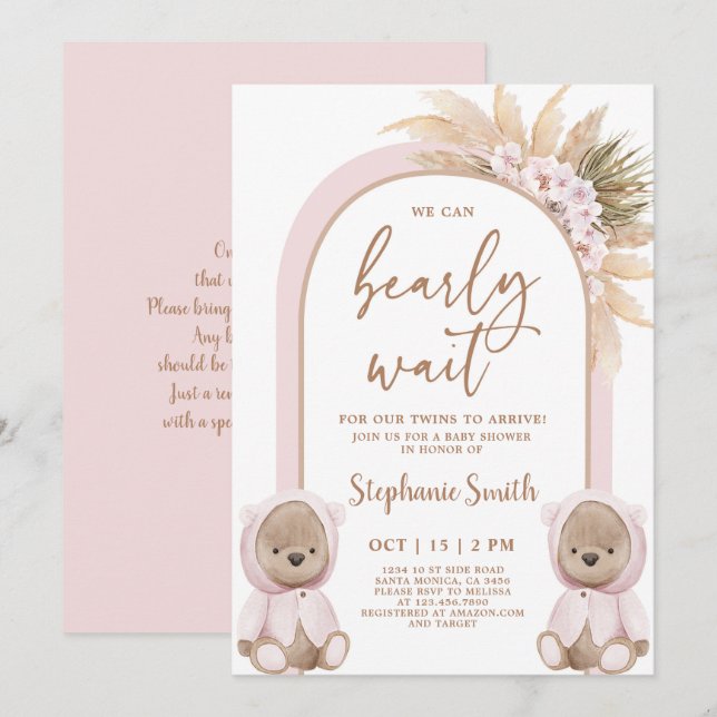 Bear Twin Girls Baby Shower Invitation (Front/Back)