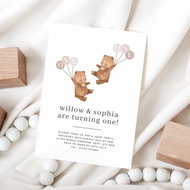 Bear Twin Girls Joint 1st Birthday Invitation (Creator Uploaded)