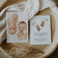 Bear Twin Girls Photo Joint 1st Birthday Invite