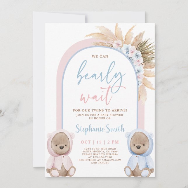 Bear Twins Boy and Girl Baby Shower Invitation (Front)