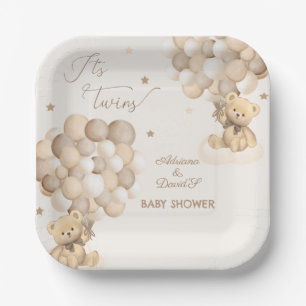 Bear Twins Gender Neutral Brown Beige Baby Shower Paper Plate