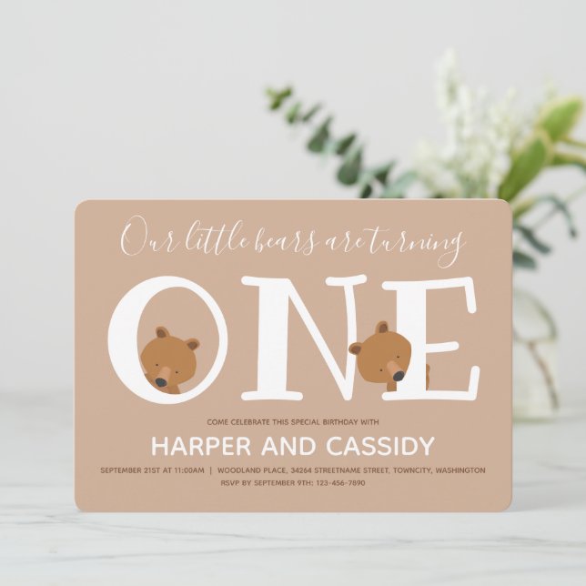 Bear Twins One Brown Animal First Birthday Invitation (Standing Front)