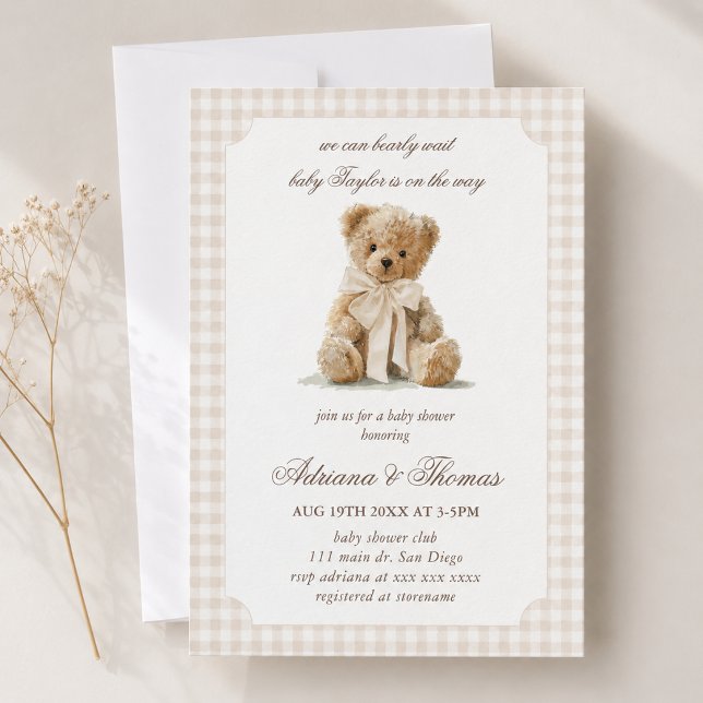 Bear Vintage Gingham Baby Shower Invitation (Creator Uploaded)