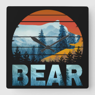 BEAR VINTAGE NATURE WILD FOREST SUNSET SQUARE WALL CLOCK
