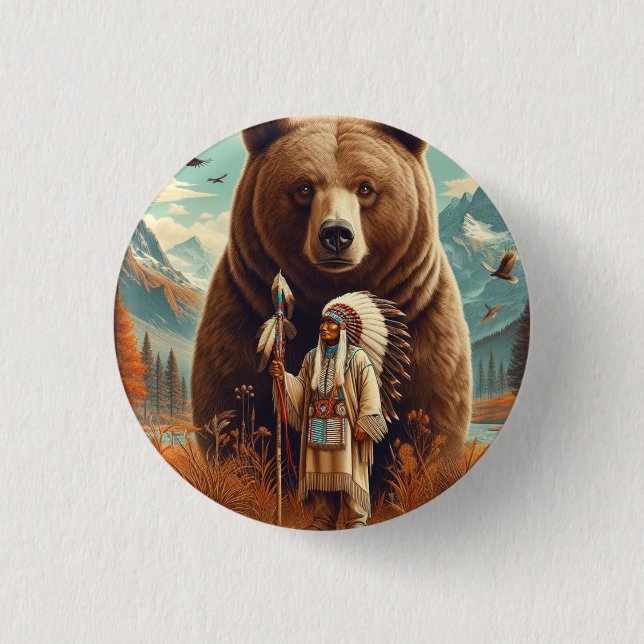 Bear warrior protector.  3 cm round badge (Front)