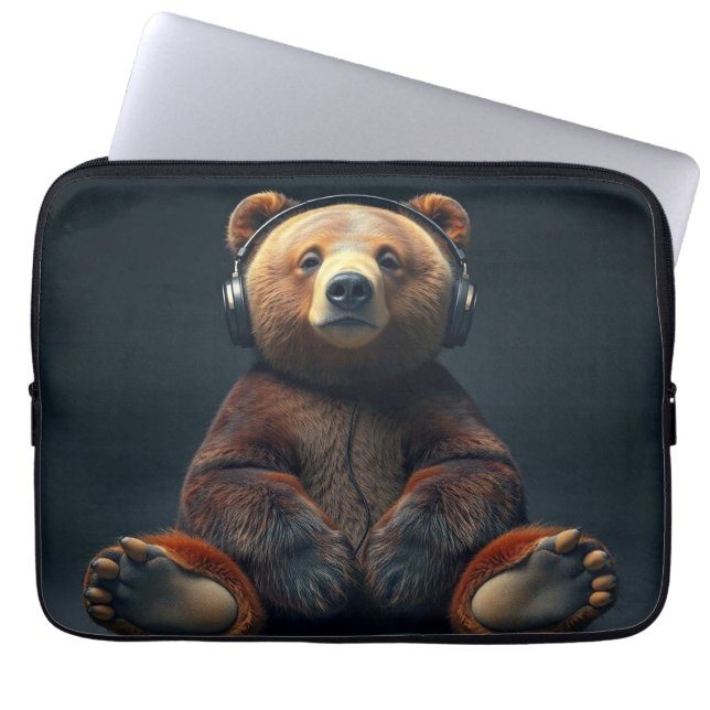 Bear Wearing Headphones Laptop Sleeve (Front)