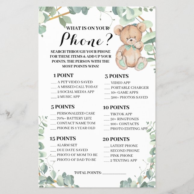 Bear What is on your Phone Baby Shower Game Card (Front)