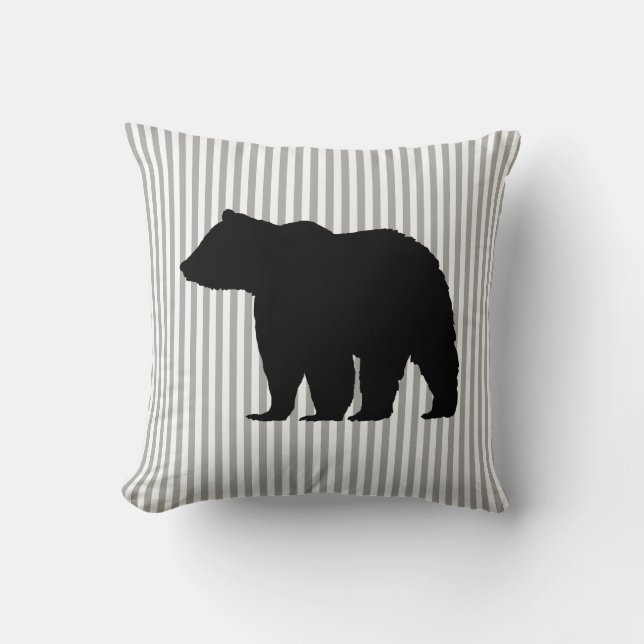 Bear Wilderness Grey and White Stripe Throw Pillow (Front)