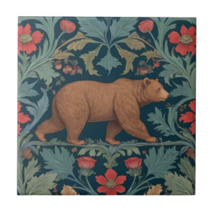Bear William Morris style Right Facing Red Floral Tile